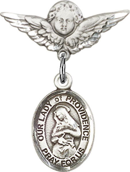 Sterling Silver Baby Badge with O/L of Providence Charm and Angel w/Wings Badge Pin