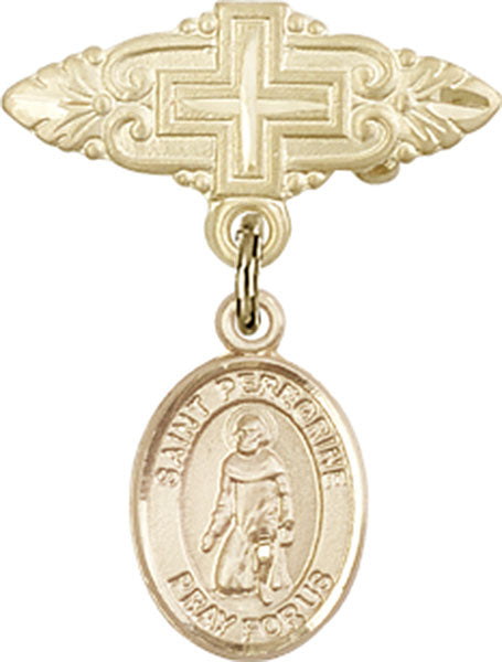 14kt Gold Filled Baby Badge with St. Peregrine Laziosi Charm and Badge Pin with Cross