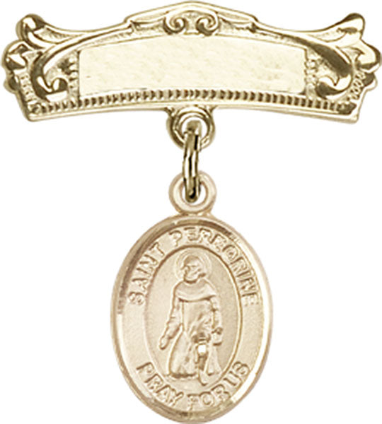 14kt Gold Filled Baby Badge with St. Peregrine Laziosi Charm and Arched Polished Badge Pin