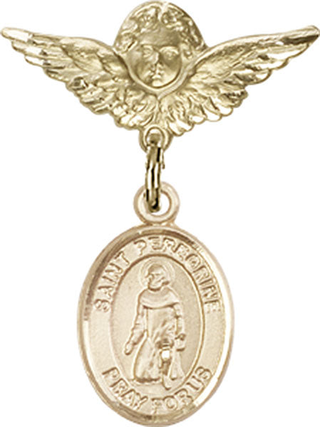 14kt Gold Filled Baby Badge with St. Peregrine Laziosi Charm and Angel w/Wings Badge Pin