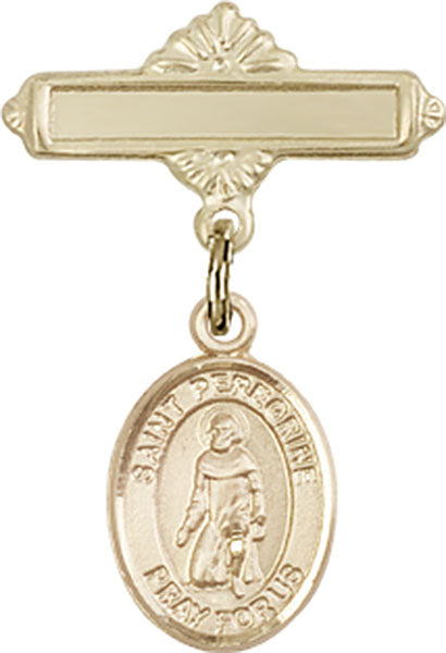 14kt Gold Baby Badge with St. Peregrine Laziosi Charm and Polished Badge Pin