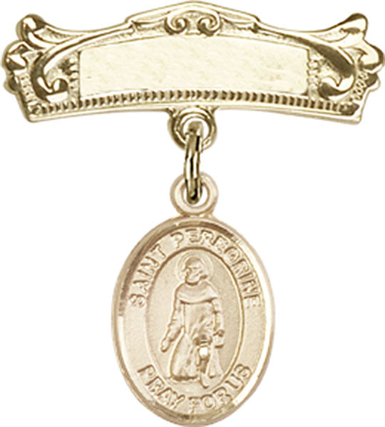 14kt Gold Baby Badge with St. Peregrine Laziosi Charm and Arched Polished Badge Pin