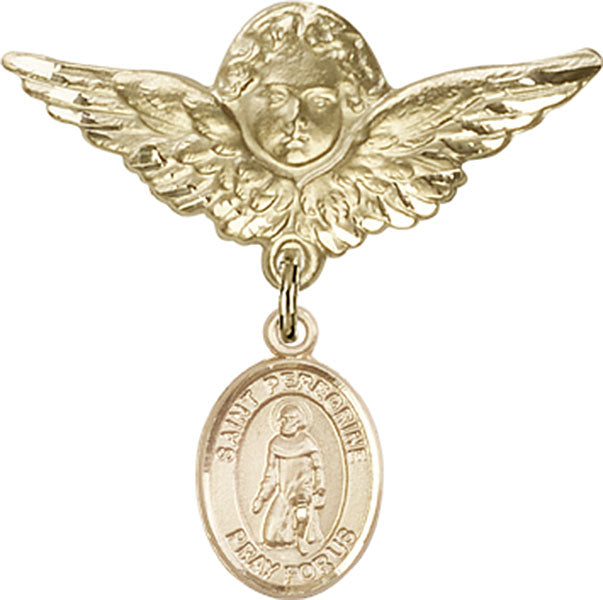 14kt Gold Baby Badge with St. Peregrine Laziosi Charm and Angel w/Wings Badge Pin