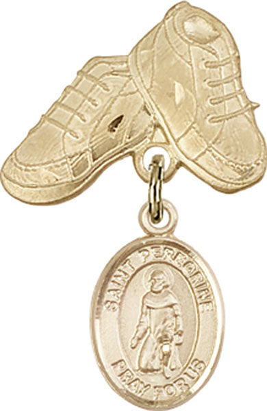 14kt Gold Baby Badge with St. Peregrine Laziosi Charm and Baby Boots Pin