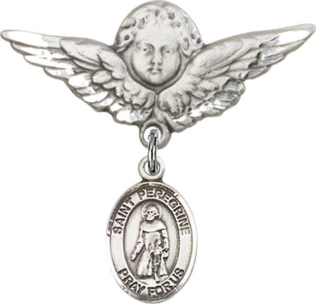 Sterling Silver Baby Badge with St. Peregrine Laziosi Charm and Angel w/Wings Badge Pin