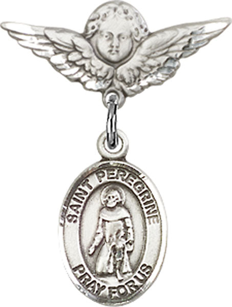 Sterling Silver Baby Badge with St. Peregrine Laziosi Charm and Angel w/Wings Badge Pin