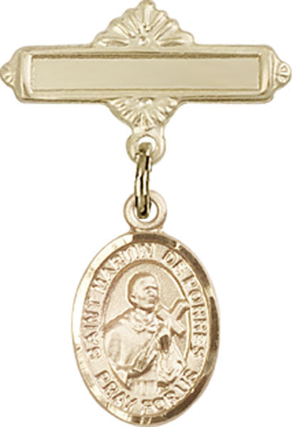 14kt Gold Filled Baby Badge with St. Martin de Porres Charm and Polished Badge Pin