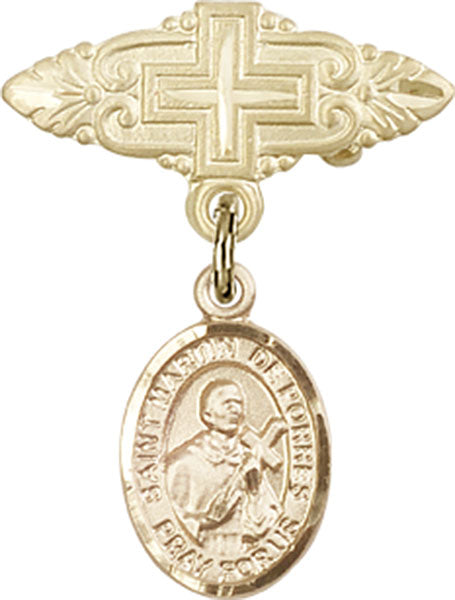14kt Gold Filled Baby Badge with St. Martin de Porres Charm and Badge Pin with Cross