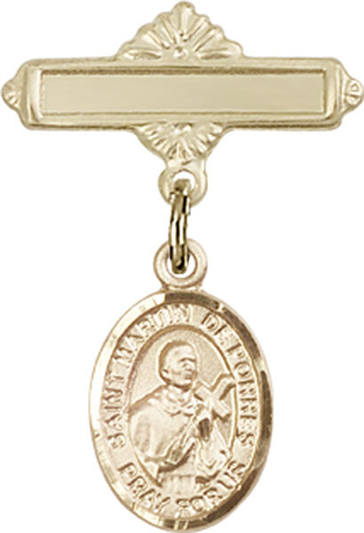 14kt Gold Baby Badge with St. Martin de Porres Charm and Polished Badge Pin