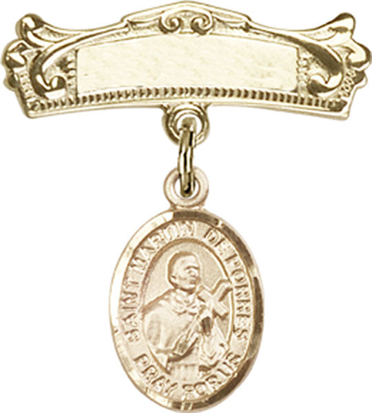 14kt Gold Baby Badge with St. Martin de Porres Charm and Arched Polished Badge Pin