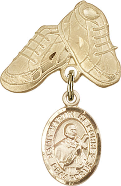 14kt Gold Baby Badge with St. Martin de Porres Charm and Baby Boots Pin