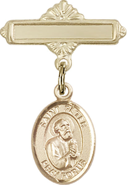 14kt Gold Filled Baby Badge with St. Peter the Apostle Charm and Polished Badge Pin