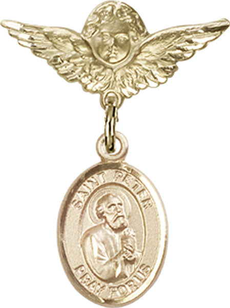 14kt Gold Filled Baby Badge with St. Peter the Apostle Charm and Angel w/Wings Badge Pin