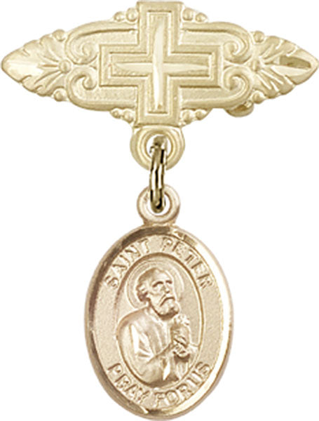 14kt Gold Baby Badge with St. Peter the Apostle Charm and Badge Pin with Cross