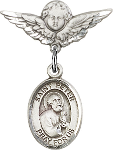 Sterling Silver Baby Badge with St. Peter the Apostle Charm and Angel w/Wings Badge Pin