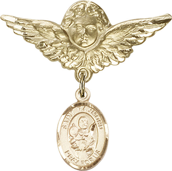 14kt Gold Filled Baby Badge with St. Raymond Nonnatus Charm and Angel w/Wings Badge Pin