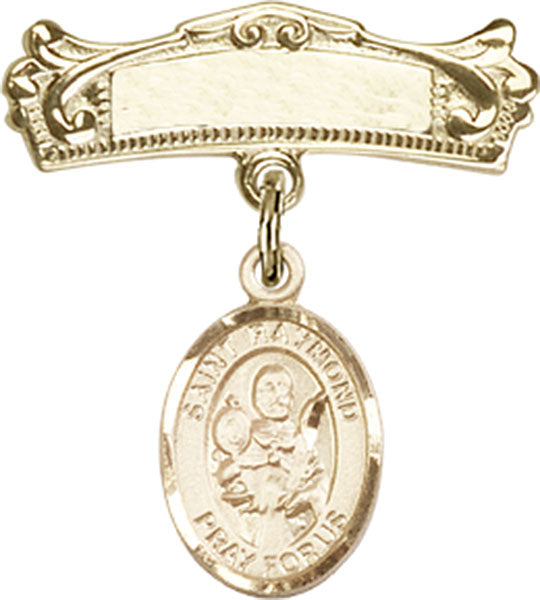 14kt Gold Baby Badge with St. Raymond Nonnatus Charm and Arched Polished Badge Pin
