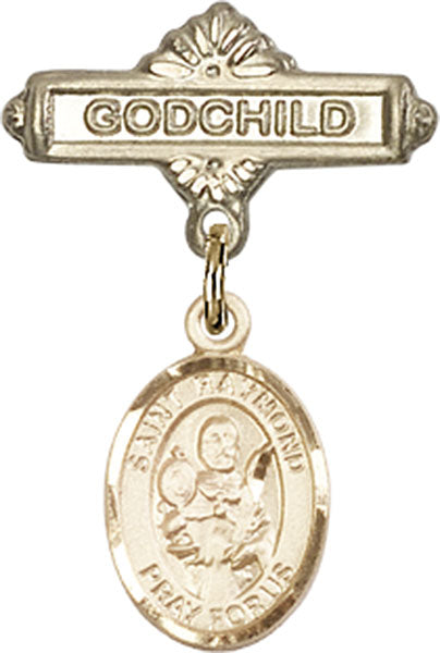 14kt Gold Baby Badge with St. Raymond Nonnatus Charm and Godchild Badge Pin
