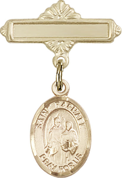 14kt Gold Filled Baby Badge with St. Raphael the Archangel Charm and Polished Badge Pin