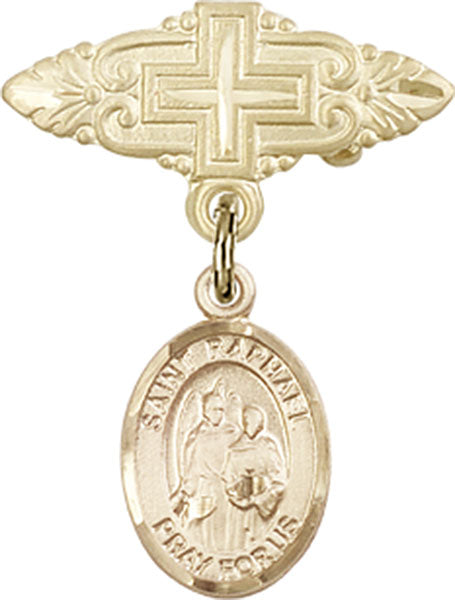 14kt Gold Filled Baby Badge with St. Raphael the Archangel Charm and Badge Pin with Cross
