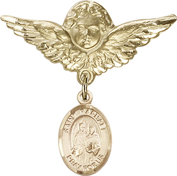14kt Gold Filled Baby Badge with St. Raphael the Archangel Charm and Angel w/Wings Badge Pin