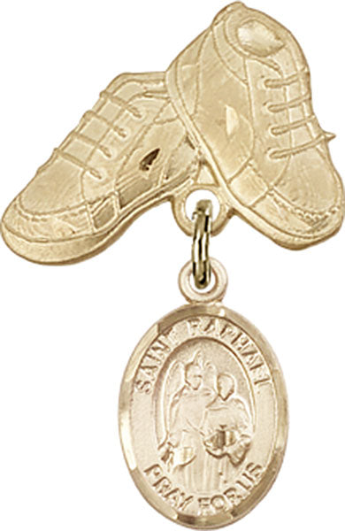 14kt Gold Filled Baby Badge with St. Raphael the Archangel Charm and Baby Boots Pin