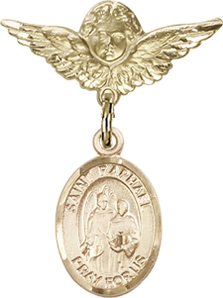 14kt Gold Baby Badge with St. Raphael the Archangel Charm and Angel w/Wings Badge Pin