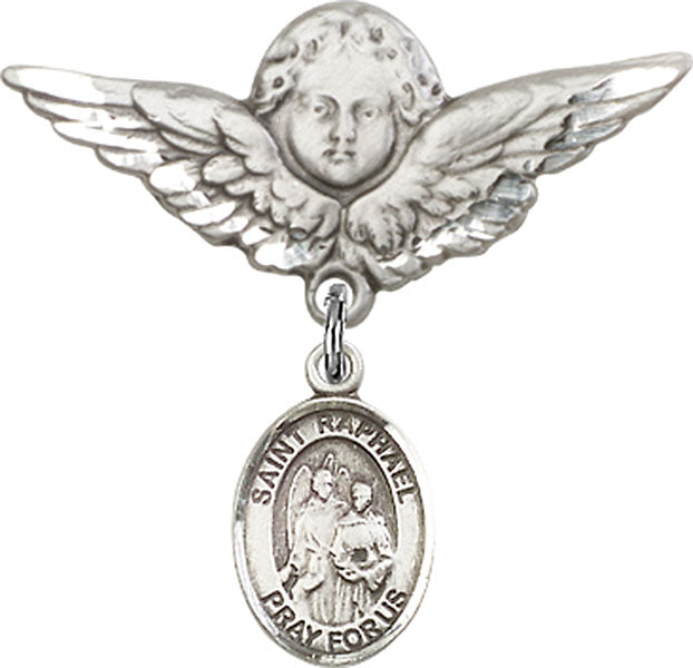 Sterling Silver Baby Badge with St. Raphael the Archangel Charm and Angel w/Wings Badge Pin