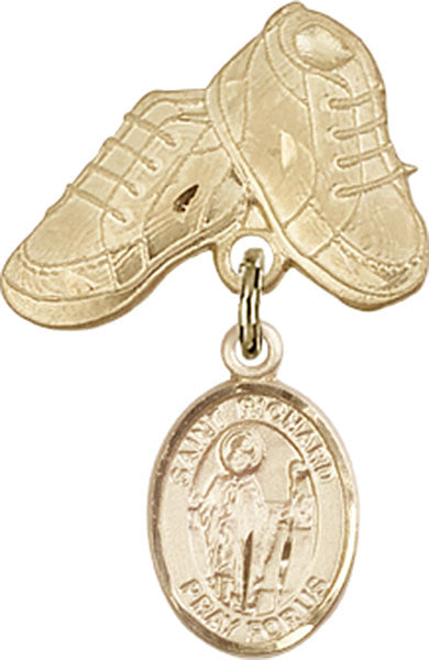 14kt Gold Baby Badge with St. Richard Charm and Baby Boots Pin