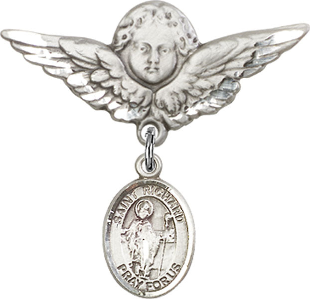 Sterling Silver Baby Badge with St. Richard Charm and Angel w/Wings Badge Pin