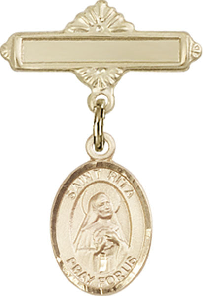 14kt Gold Filled Baby Badge with St. Rita of Cascia Charm and Polished Badge Pin