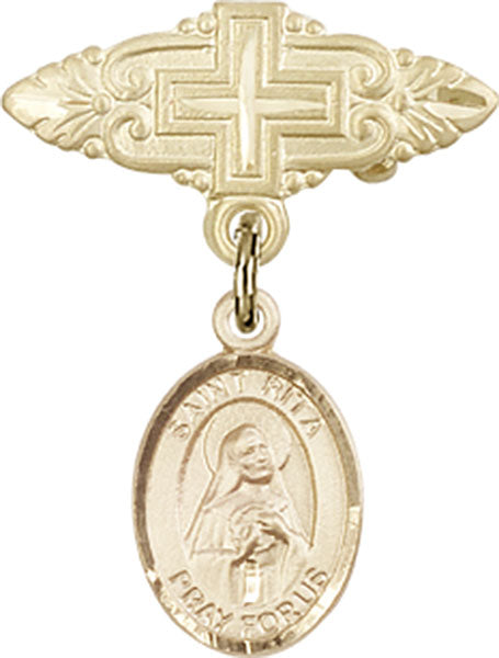14kt Gold Filled Baby Badge with St. Rita of Cascia Charm and Badge Pin with Cross