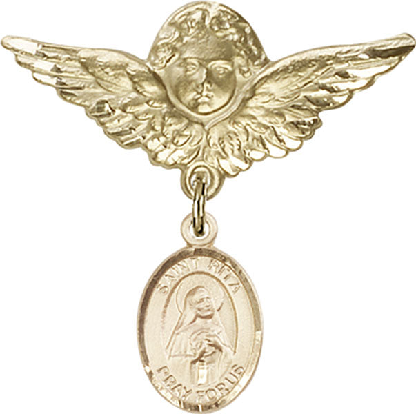 14kt Gold Filled Baby Badge with St. Rita of Cascia Charm and Angel w/Wings Badge Pin