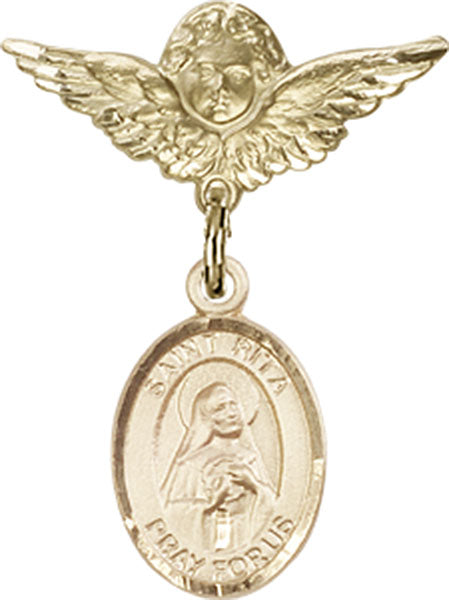 14kt Gold Filled Baby Badge with St. Rita of Cascia Charm and Angel w/Wings Badge Pin