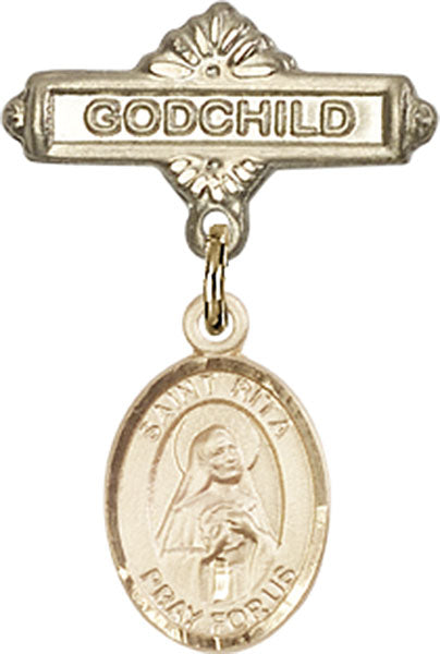14kt Gold Filled Baby Badge with St. Rita of Cascia Charm and Godchild Badge Pin