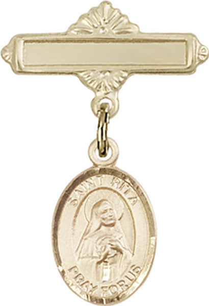 14kt Gold Baby Badge with St. Rita of Cascia Charm and Polished Badge Pin