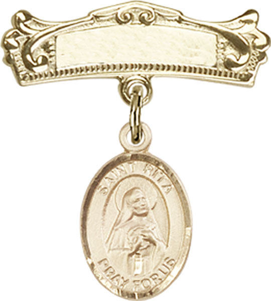 14kt Gold Baby Badge with St. Rita of Cascia Charm and Arched Polished Badge Pin
