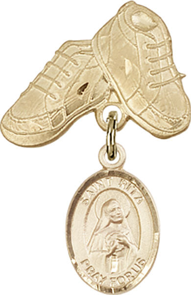 14kt Gold Baby Badge with St. Rita of Cascia Charm and Baby Boots Pin