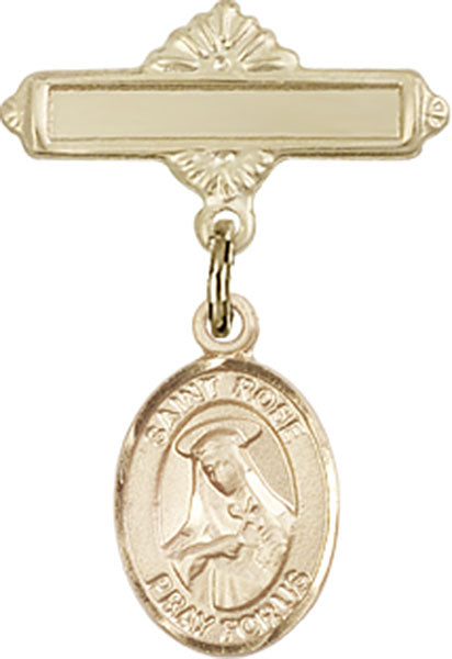 14kt Gold Filled Baby Badge with St. Rose of Lima Charm and Polished Badge Pin