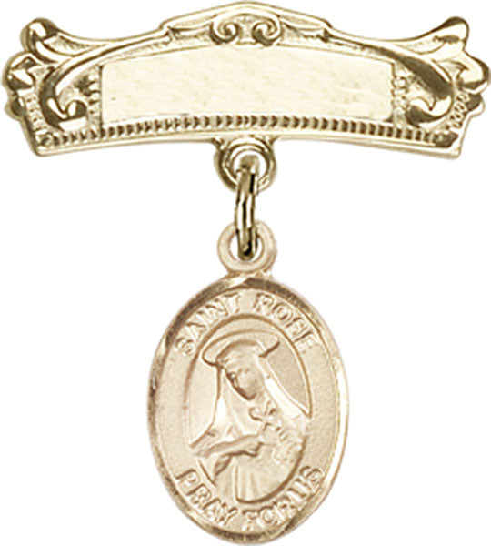 14kt Gold Filled Baby Badge with St. Rose of Lima Charm and Arched Polished Badge Pin
