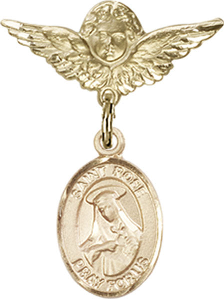 14kt Gold Filled Baby Badge with St. Rose of Lima Charm and Angel w/Wings Badge Pin
