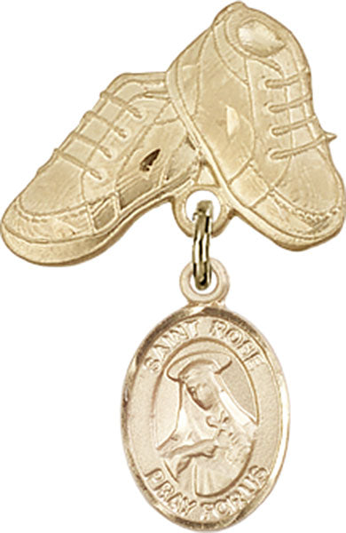 14kt Gold Filled Baby Badge with St. Rose of Lima Charm and Baby Boots Pin