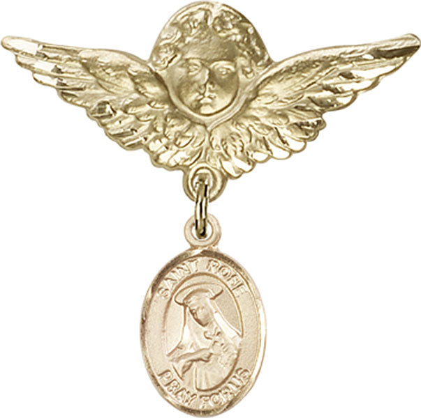 14kt Gold Baby Badge with St. Rose of Lima Charm and Angel w/Wings Badge Pin