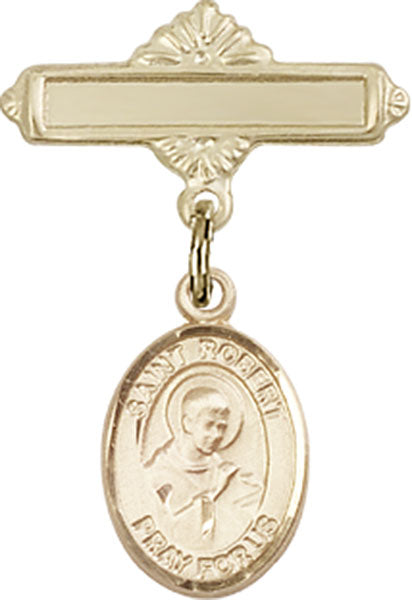 14kt Gold Filled Baby Badge with St. Robert Bellarmine Charm and Polished Badge Pin
