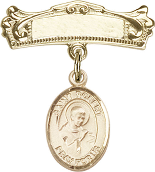14kt Gold Filled Baby Badge with St. Robert Bellarmine Charm and Arched Polished Badge Pin