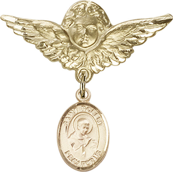 14kt Gold Filled Baby Badge with St. Robert Bellarmine Charm and Angel w/Wings Badge Pin
