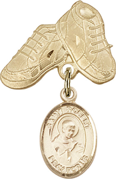 14kt Gold Filled Baby Badge with St. Robert Bellarmine Charm and Baby Boots Pin