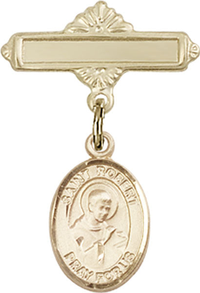 14kt Gold Baby Badge with St. Robert Bellarmine Charm and Polished Badge Pin