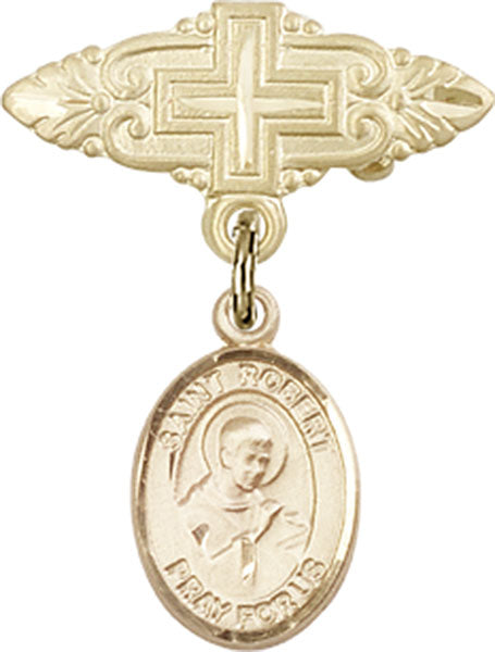14kt Gold Baby Badge with St. Robert Bellarmine Charm and Badge Pin with Cross