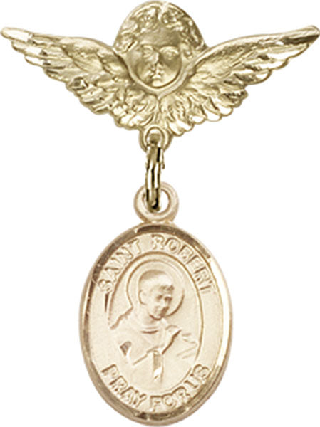 14kt Gold Baby Badge with St. Robert Bellarmine Charm and Angel w/Wings Badge Pin